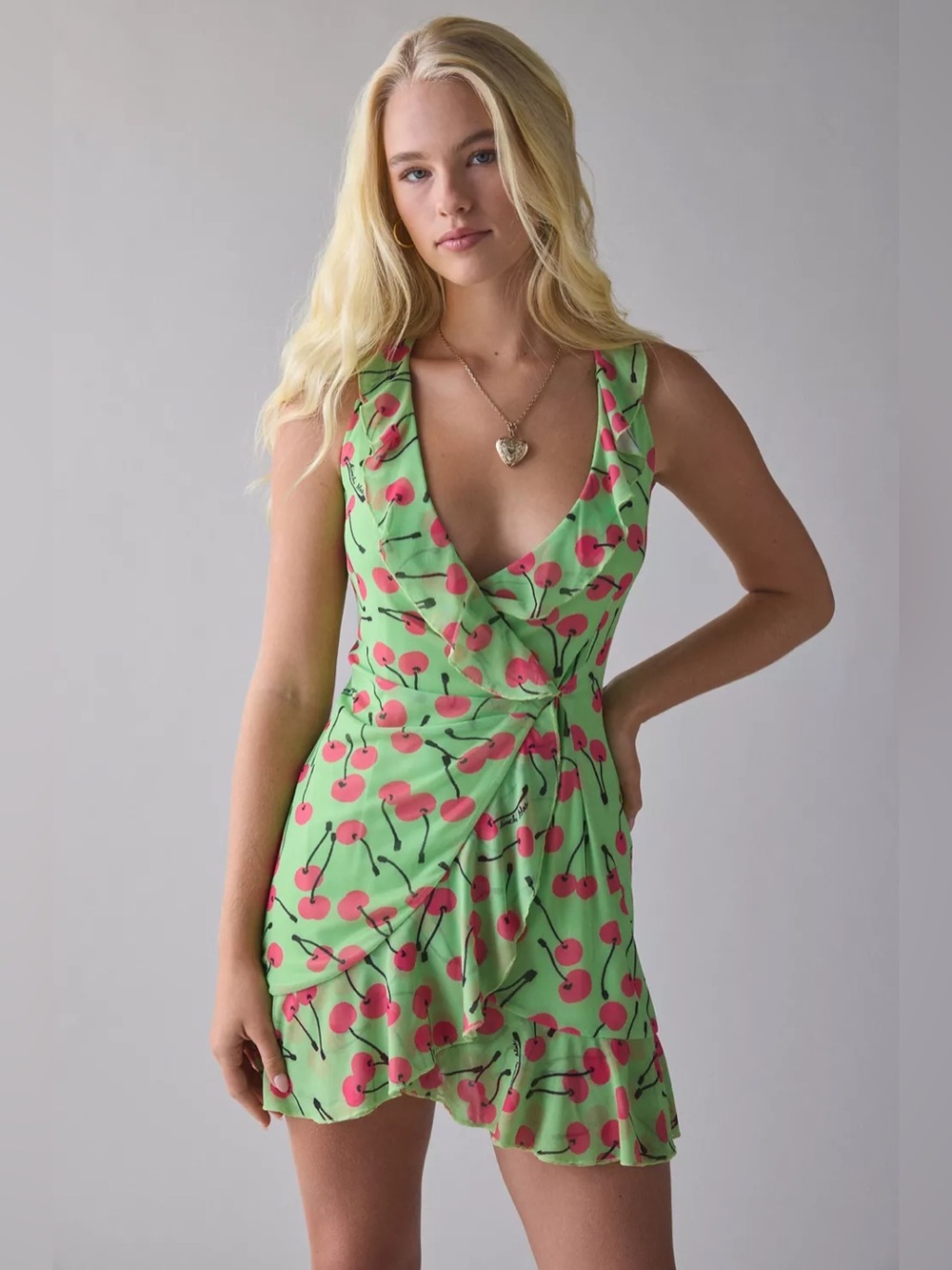 Urban Outfitters Wrapped In You Plunging Ruffle Mesh Mini Dress Green Cherries